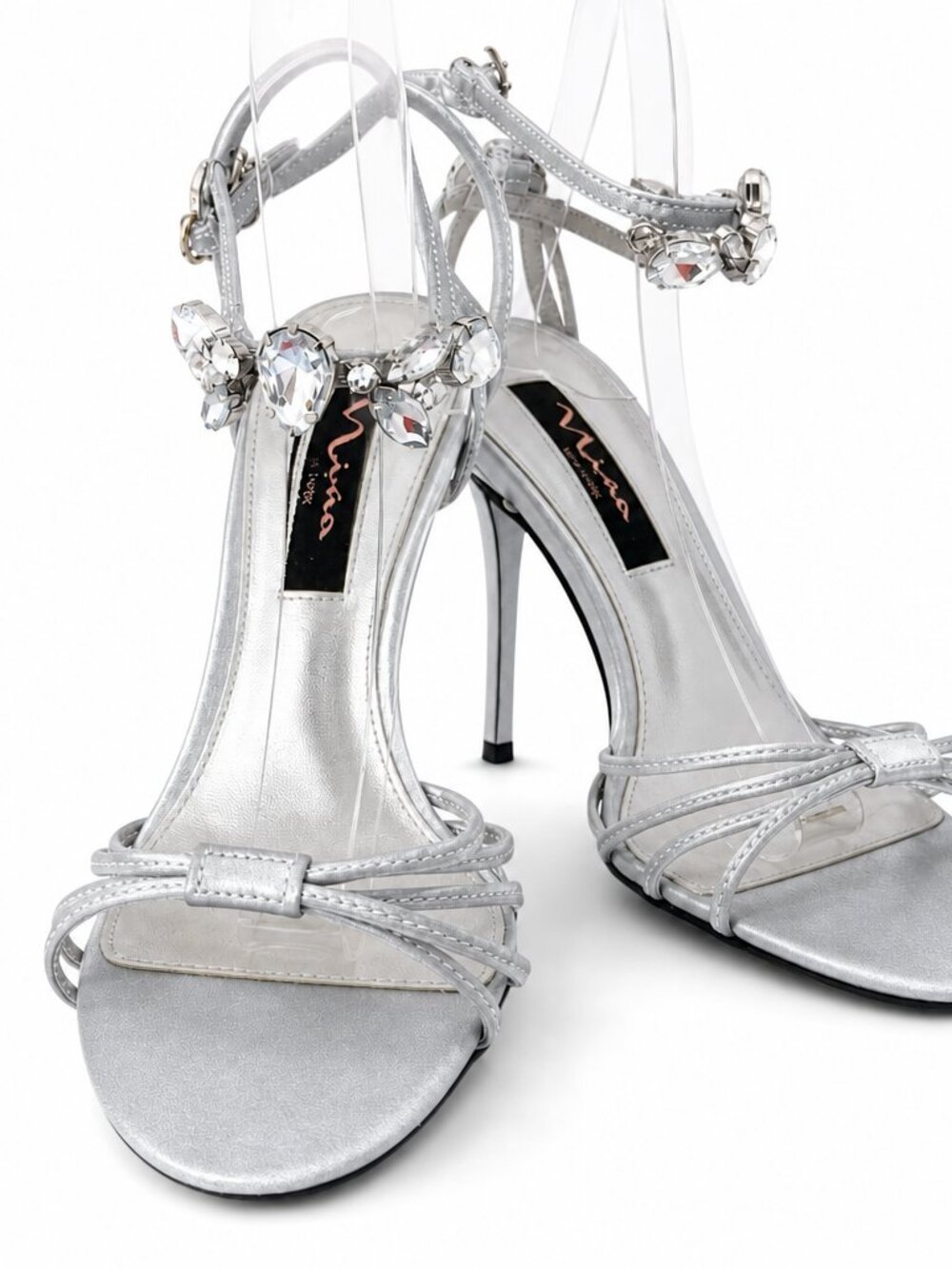 Nina Cara Silver Satin Rhinestone Heels Size 6 | Elegant 4” Strappy Heels